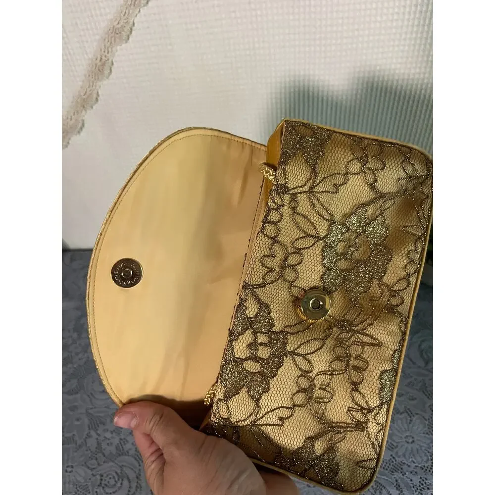 Gold Metallic Lace Evening Clutch Bag Braided Rope Strap Mirror Formal Purse
